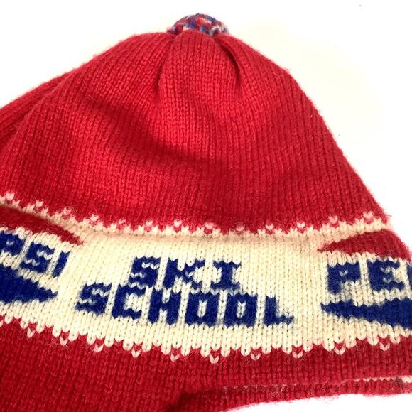 Vtg 1970s Pepsi Ski School Knit Beanie Hat Cap Red White Blue Pom Pom Winter USA - Picture 6 of 11